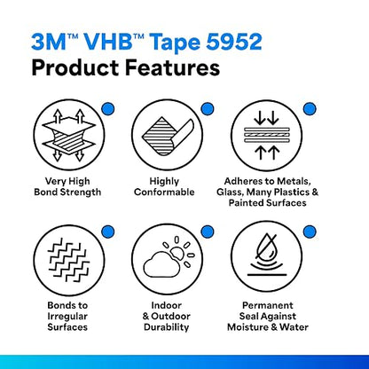 3M VHB, Cinta Adhesiva Industrial 5952, Grosor de 0.045", 0.625" Ancho, 5 yd Largo, Paquete de 1