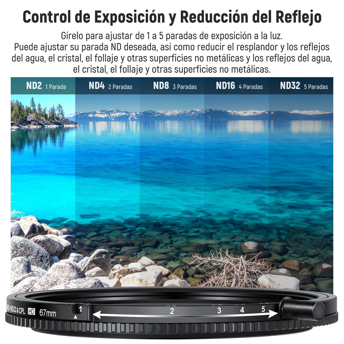 NEEWER 67mm True Colors Filtro ND Variable ND2-ND32 y CPL, 2 en 1 Ajustable Filtro Polarizador Circular y de Densidad Neutra, Marco de Aluminio/Vidrio Óptico HD con Revestimiento Múltiple Accesorios