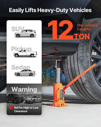 VEVOR Gato Hidráulico de Suelo 12 T, con Alcance de Elevación de 205-400 mm, para Automóviles, SUV, Camionetas, Talleres Mecánicos, Ascensores Domésticos y Maquinaria Agrícola, Naranja, 128 x 125 x 205 mm