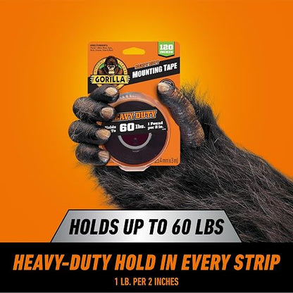 Gorilla Cinta de montaje de doble cara resistente, extralarga, 1 x 120 pulgadas, color negro (paquete de 1)