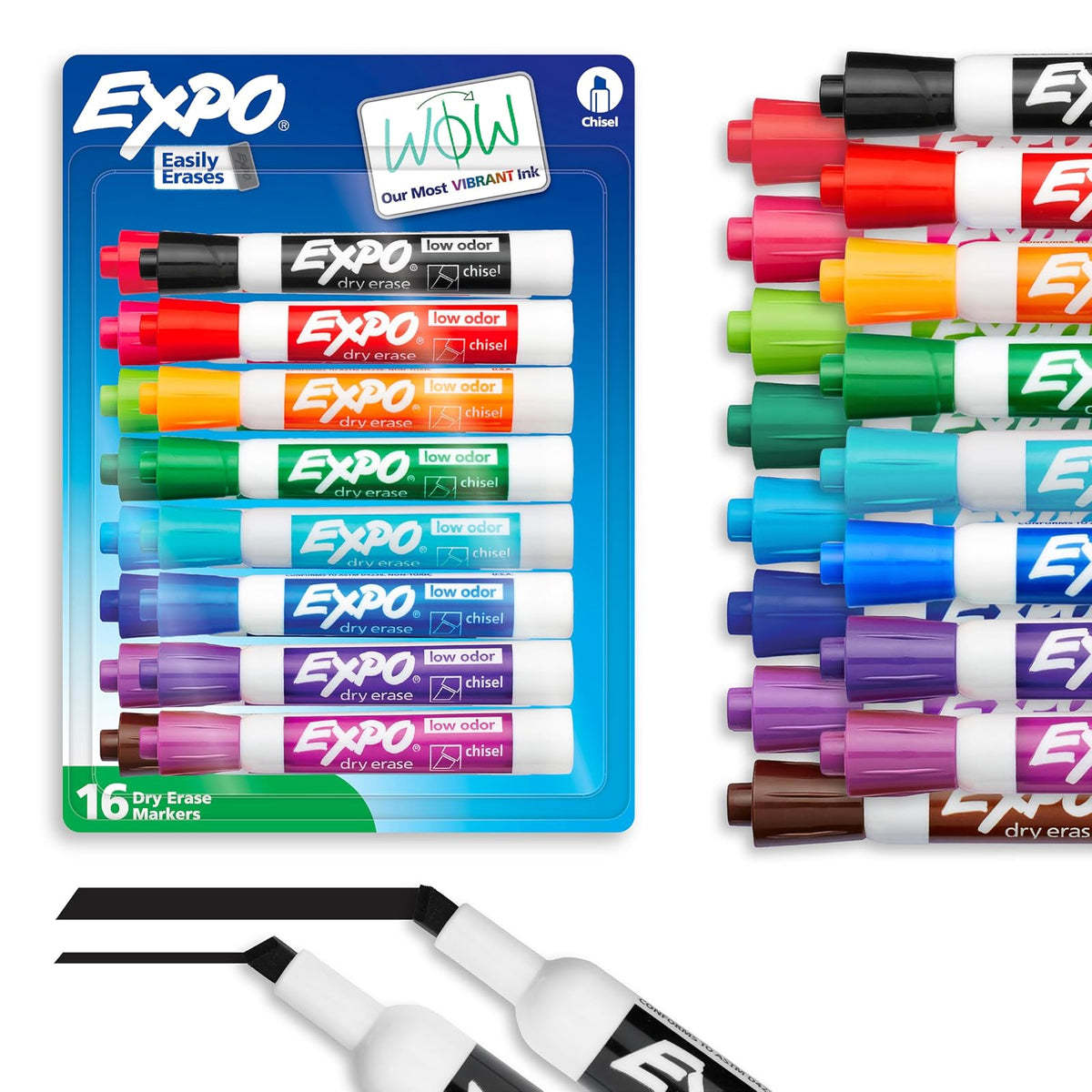 Expo Marcadores de borrado en seco con poco olor., Cincel, Vibrant Colors, 16-Count
