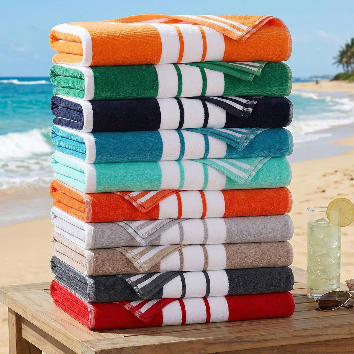 Superior Collection Luxurious Jacquard Cotton Beach Towels, Oversized, Taupe Cabana Stripes