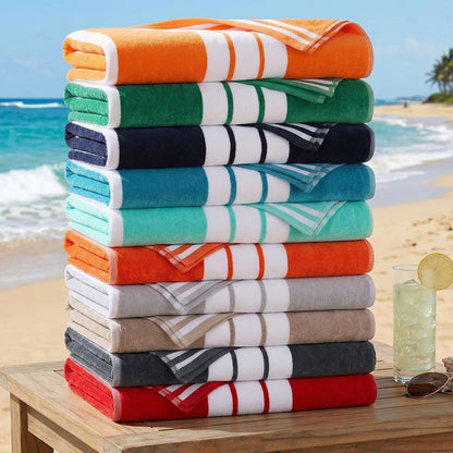 Superior Collection Luxurious Jacquard Cotton Beach Towels, Oversized, Taupe Cabana Stripes