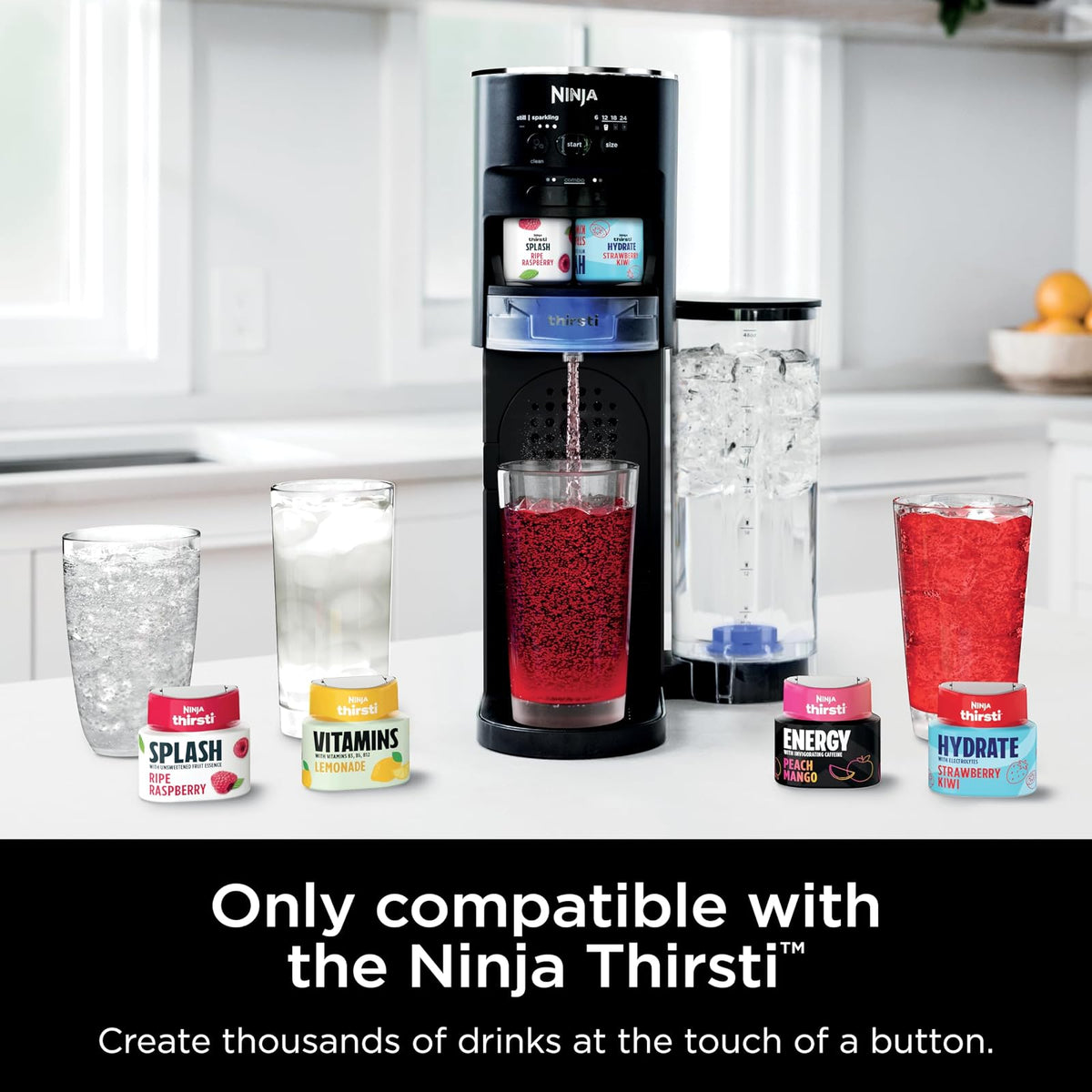 Ninja Thirsti Depósito de Agua WCX01WRC | Negro, 48 oz, depósito extraíble, para refrigerador, tapa a prueba de fugas