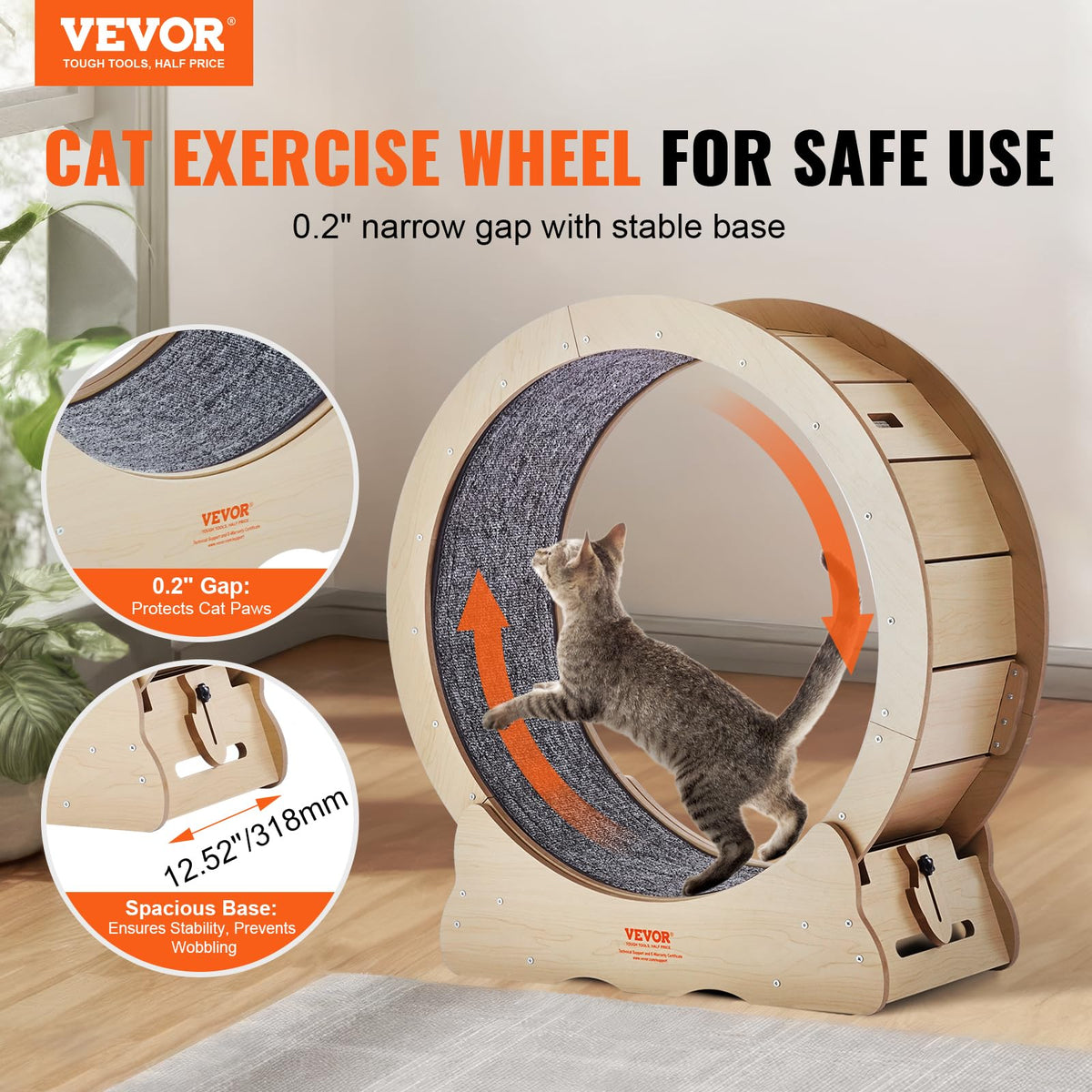 VEVOR Rueda de Ejercicio de Madera para Gatos de Interior de 75 x 31,8 x 80 cm, Rueda para Correr con Alfombra Desmontable, Juguete para Correr, Caminar, Entrenar para Diferentes Gatos, Color Madera