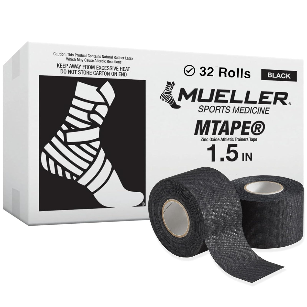Mueller MTape Cinta Deportiva de Algodón, 1.5 pulg x 10 yardas, 32 Rollos - Negro