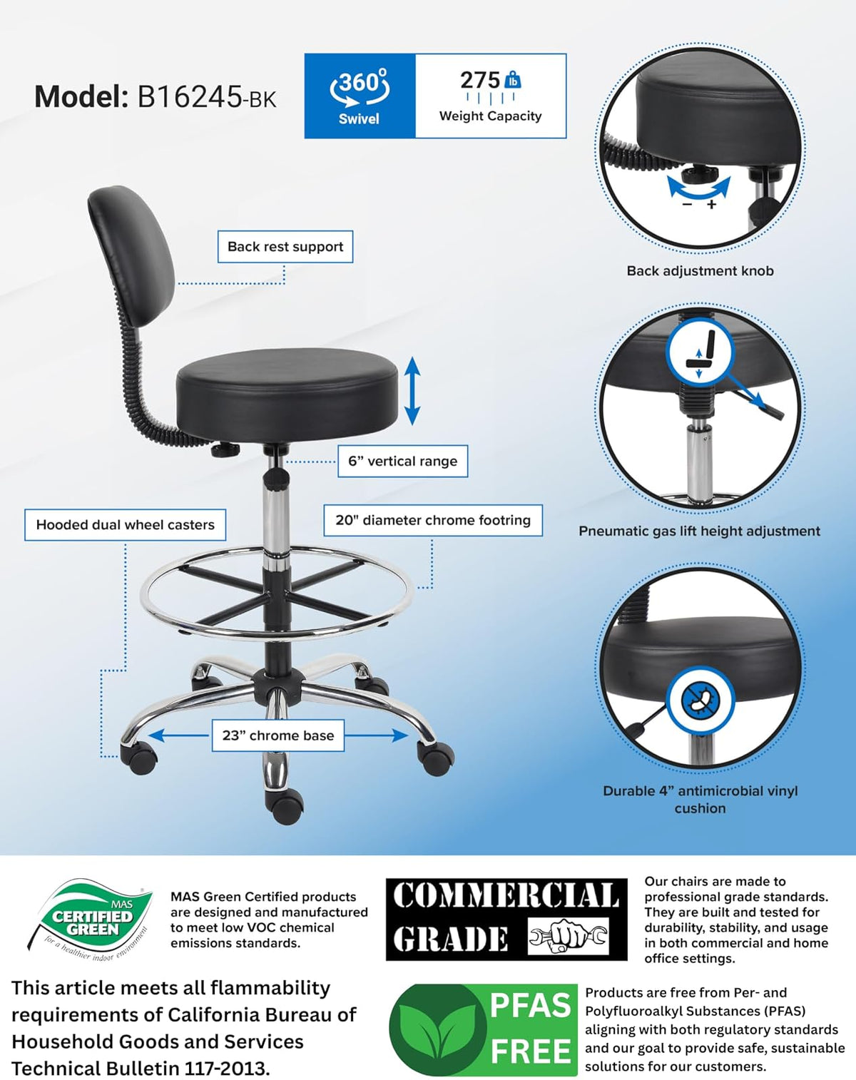 Boss B16245-BK Caressoft Medical/Drafting Stool with Back Cushion
