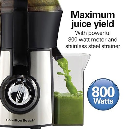 Hamilton Beach 67608Z Extractor de Jugos Big Mouth, Boca Ancha, 800 WATTS, Mediano, Plateado con Negro.