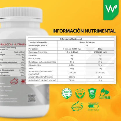 NW Probioticos GLP-1 Akkermansia Muciniphila1 Billon UFC con Jengibre & Berberina HCl, 120 capsulas | Antiinflamatorio