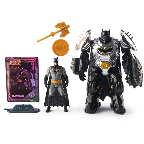 DC Comics figura de acción de Batman de la colección Metal Force de 15 cm con minifigura de 10 cm, bláster y traje de armadura integrados, juguetes de superhéroes para niños y niñas a partir de 4 años