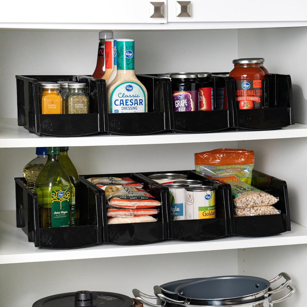 IRIS USA Paquete de 8 Contenedores Grandes Apilables, Negro | Organiza piezas pequeñas, ferretería, manualidades, despensa y artículos del hogar con acceso frontal y cajas apilables