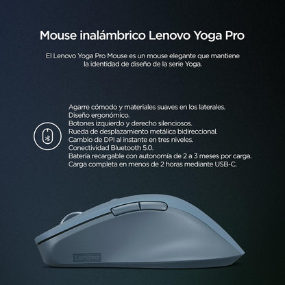 Lenovo Mouse Yoga Pro Azul | Ergonómico | Bluetooth 5.0 | DPI (tres niveles) y ajustable mediante software hasta 4000, Botones laterales y superiores programables para personalizar