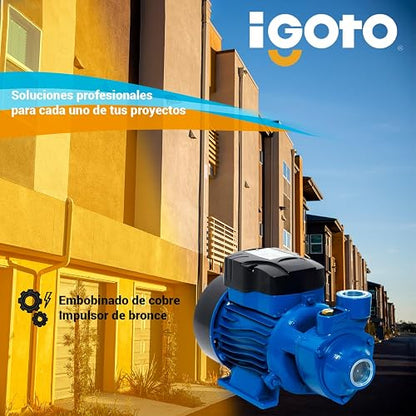 Igoto QB60 Bomba Periférica ½ HP 370W 127V Caudal Máximo 35 l/m Altura Máxima 35m Ingerto de Bronce Embobinado de Cobre Impulsor de Bronce Proteccion IP44 Ideal para Casa Negocio Jardin