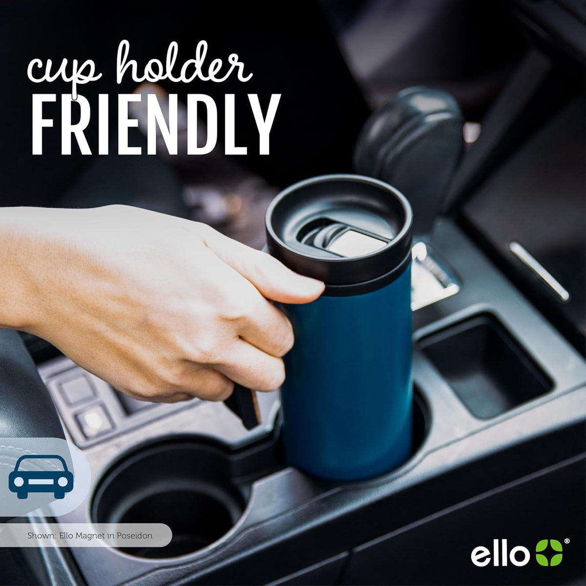 Ello Magnet - Taza de viaje de acero inoxidable aislada al aspiradora de 18 onzas con asa lateral y tapa deslizante a prueba de fugas y posavasos integrados, mantiene el calor durante 5 horas