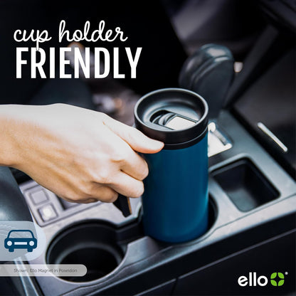 Ello Magnet - Taza de viaje de acero inoxidable aislada al aspiradora de 18 onzas con asa lateral y tapa deslizante a prueba de fugas y posavasos integrados, mantiene el calor durante 5 horas