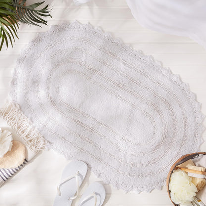 DII Ultra Soft Spa Cotton Crochet Oval Bath Mat or Rug Place in Front of Shower, Vanity, Bath Tub, Sink, and Toilet, 21 x 34" - White