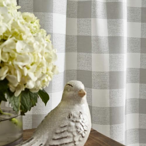 Curtain Works Country - Cortinas rústicas Modernas para Cocina, diseño de búfalo a Cuadros y Cenefa de café, Juego de 3 Piezas, 36 Pulgadas, Color Gris Blanco