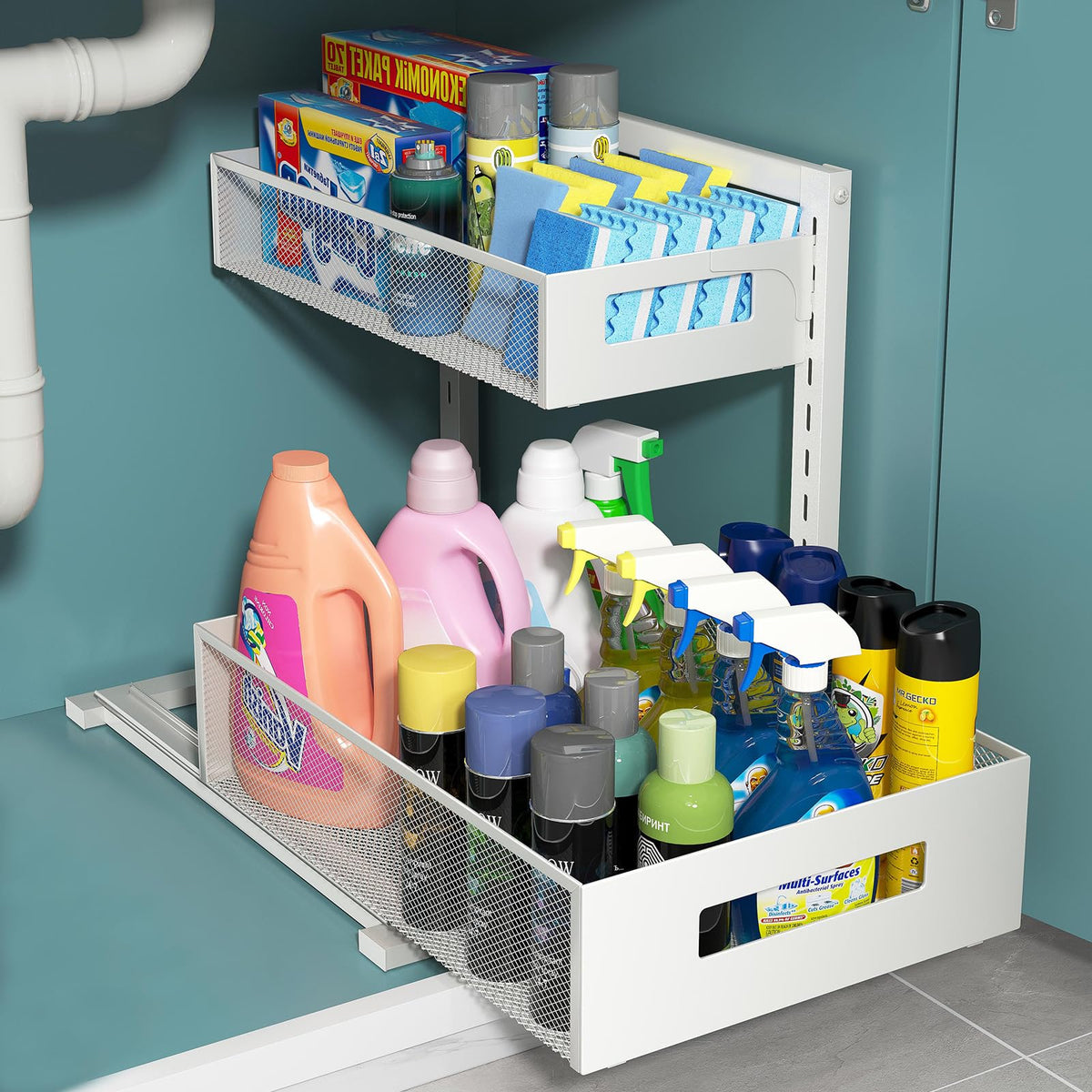 TISTAYA - Organizador extraíble para fregadero debajo de la cocina, organizador funcional de metal debajo del fregadero, organizador de fregadero debajo del baño, almacenamiento debajo del fregadero