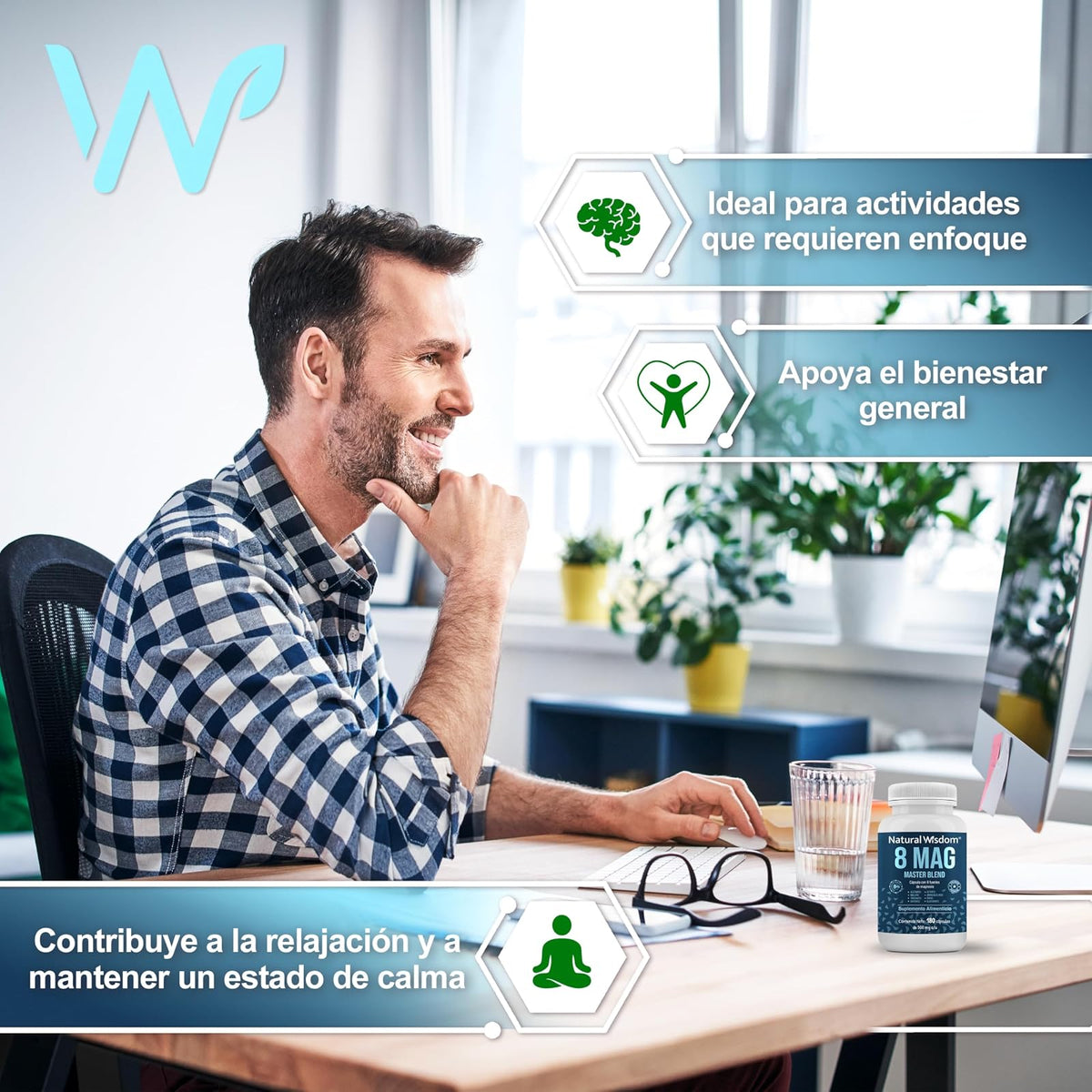 NW 8 MAG con 8 Magnesios 180caps - Citrato, Glicinato, Malato, Treonato de Magnesio y más | Ingredientes Naturales | Energia, Antioxidante | Natural Wisdom