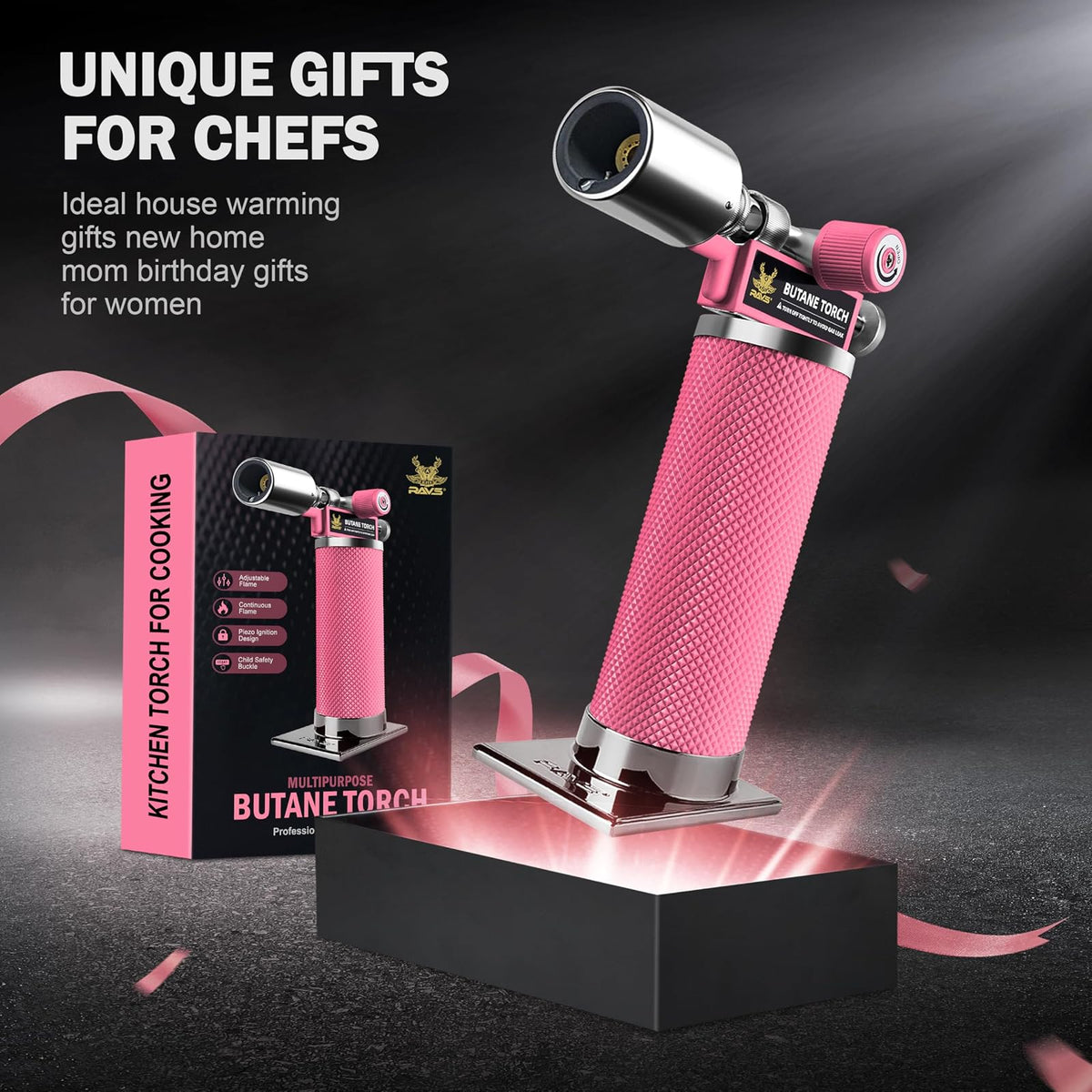 RAVS - Antorcha de butano, antorcha de cocina para crema Brulee con llama ajustable, antorcha de cocina para hornear, barbacoa, postres, mini antorcha de metal con hebilla de seguridad, rosa (butano