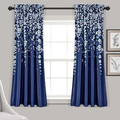 Lush Decor - Paneles de Cortina para Ventana con Filtro de luz, par, 52 Pulgadas de Ancho x 63 Pulgadas de Largo + cabecera de 2 Pulgadas, Color Azul Marino, Encantadoras Cortinas Florales Modernas
