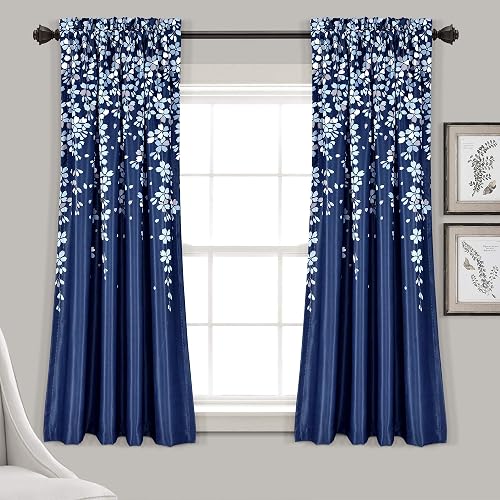 Lush Decor - Paneles de Cortina para Ventana con Filtro de luz, par, 52 Pulgadas de Ancho x 63 Pulgadas de Largo + cabecera de 2 Pulgadas, Color Azul Marino, Encantadoras Cortinas Florales Modernas