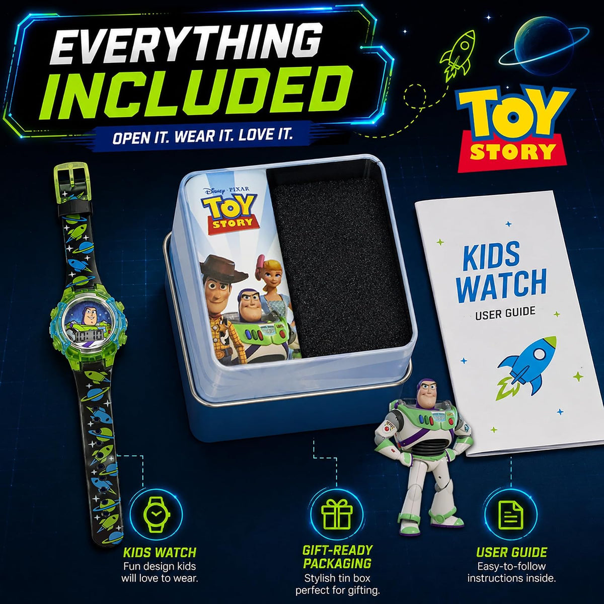 Disney Pixar Toy Story 4 Buzz Lightyear - Reloj LCD intermitente para niños con esfera colorida iluminada, funda duradera, correa con temática espacial, perfecto para niños y niñas a partir de 4 años,