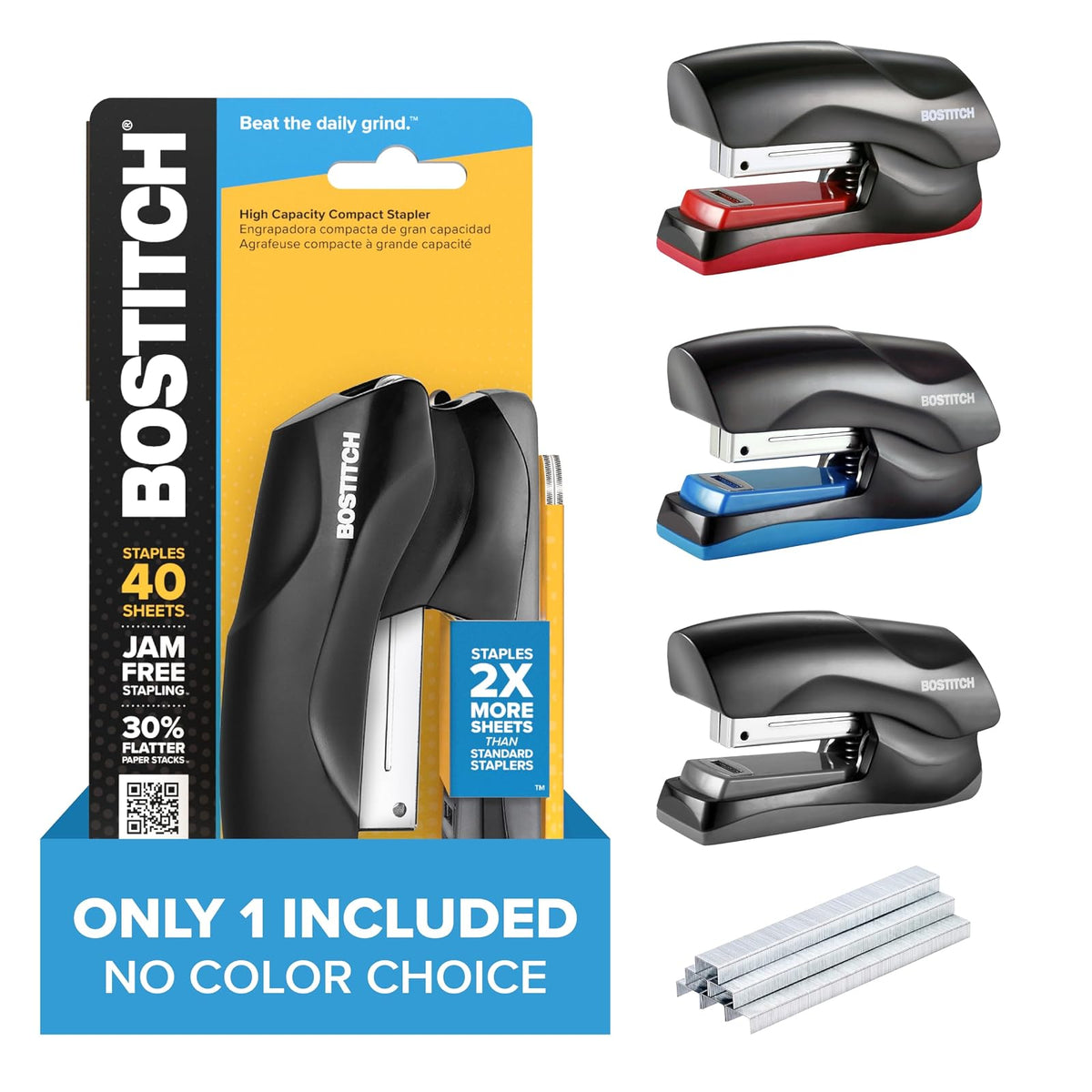 Bostitch - Grapadora de oficina resistente, capacidad de 40 hojas, sin atascos, media tira, cabe en la palma de tu mano, para aula, oficina o computadora, sin elección de color, una por pedido