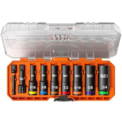 KLEIN TOOLS 65109IMPCT KNECT Juego de dados de impacto de pozo profundo de 3/8 de pulgada, juego de herramientas SAE de 9 piezas con adaptador de destornillador de impacto, adaptador de llave