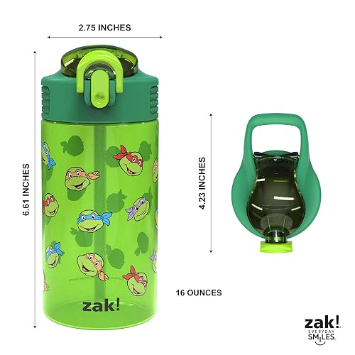 Zak Designs - Botella de agua para niños con tortugas ninja mutantes adolescentes para la escuela o los viajes, 16 onzas, 2 unidades (paquete de 1) botella de agua de plástico duradera con popote,
