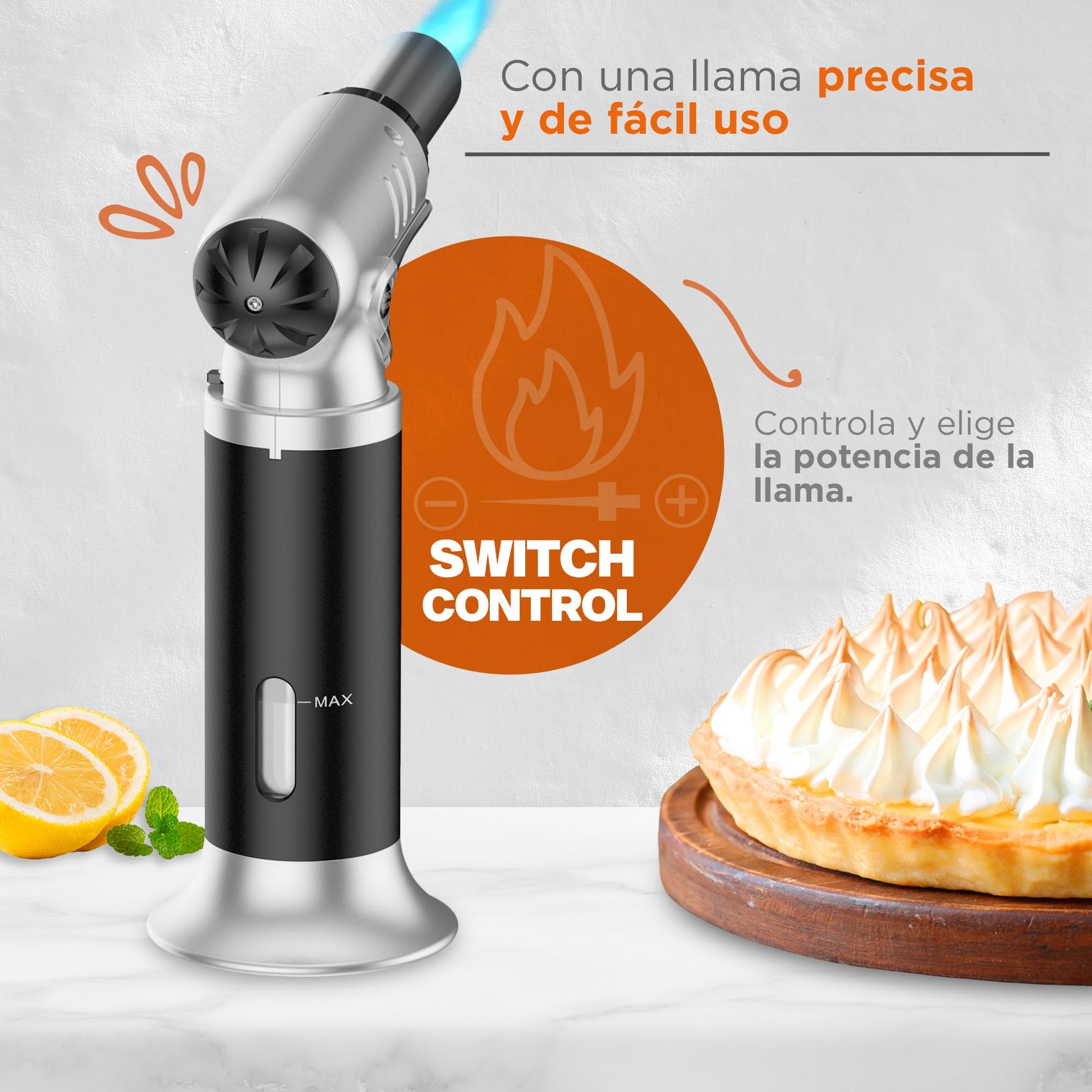 Hukën x MasterChef | Antorcha Culinaria Switch Control | Ajuste de Potencia de Flama | Ventanilla de Nivel de Gas | Base Estable | Carga de 6g para Uso Ligero | Diseño Compacto | Estilo Profesional