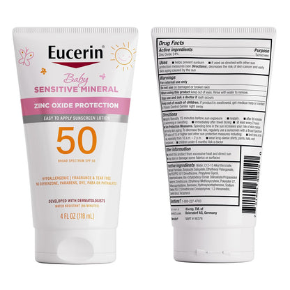 Eucerin Sun Sensitive Mineral Baby Protector solar SPF 50, loción protectora solar con protección de óxido de zinc, tubo de 4 onzas líquidas