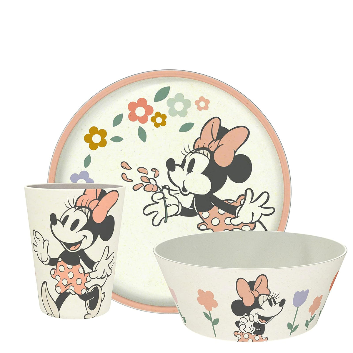 Zak Designs - Juego de vajilla para niños de Disney de 3 piezas, plato de bambú de melamina duradero y sostenible, tazón y vaso son perfectos para cenar con la familia (Minnie Mouse)
