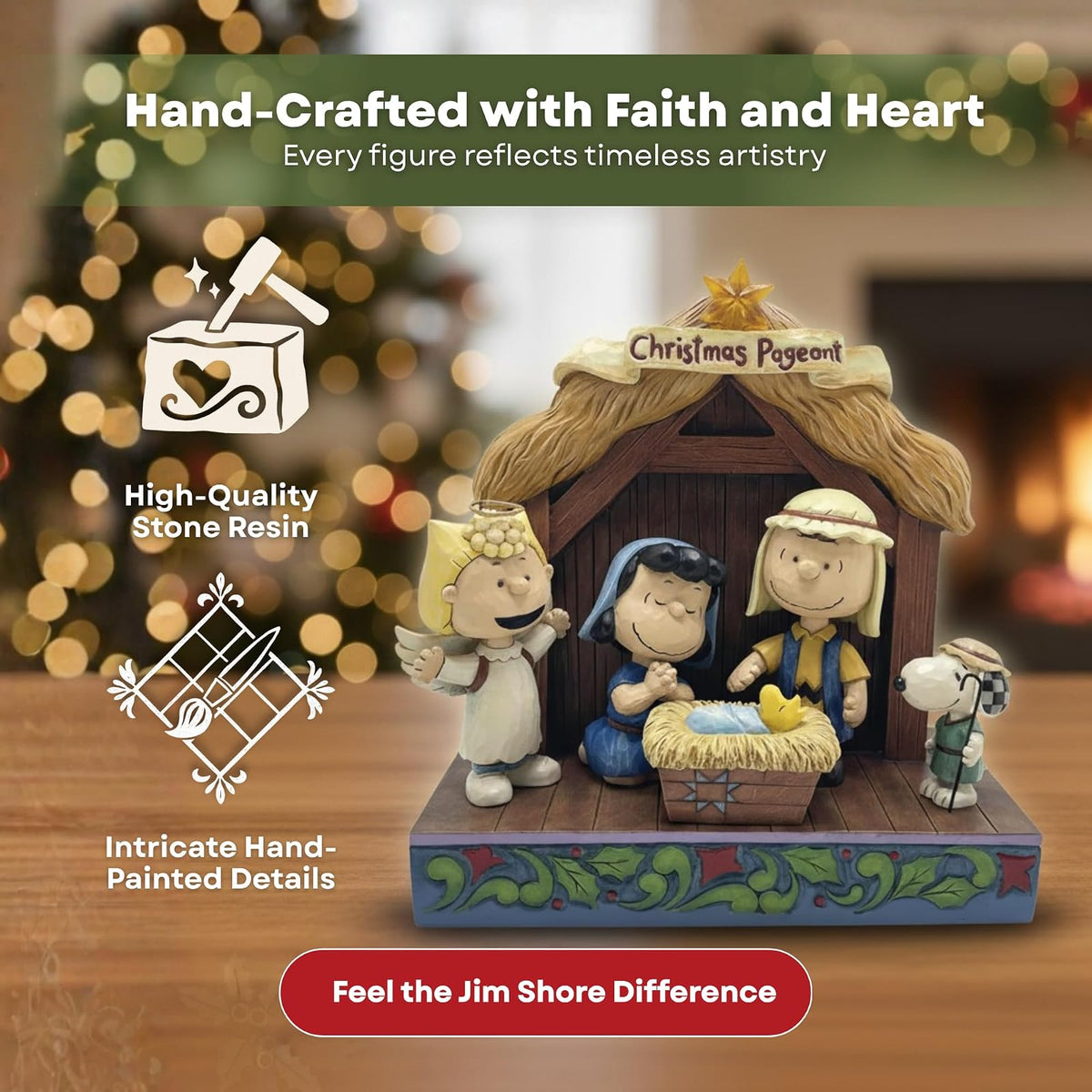 Enesco Peanuts por Jim Shore Figura de Escena de Nacimiento del espectáculo navideño iluminada - Escena de Piedra de Resina Hecha a Mano Pintada Coleccionable Snoopy Figuras de Peanuts Adornos