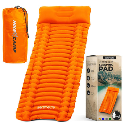 SereneLife - Almohadilla de dormir con almohada para camping, tapete de dormir compacto con inflado rápido, ligero y resistente a desgarros con bolsa de transporte para camping, mochileros, senderismo - Naranja