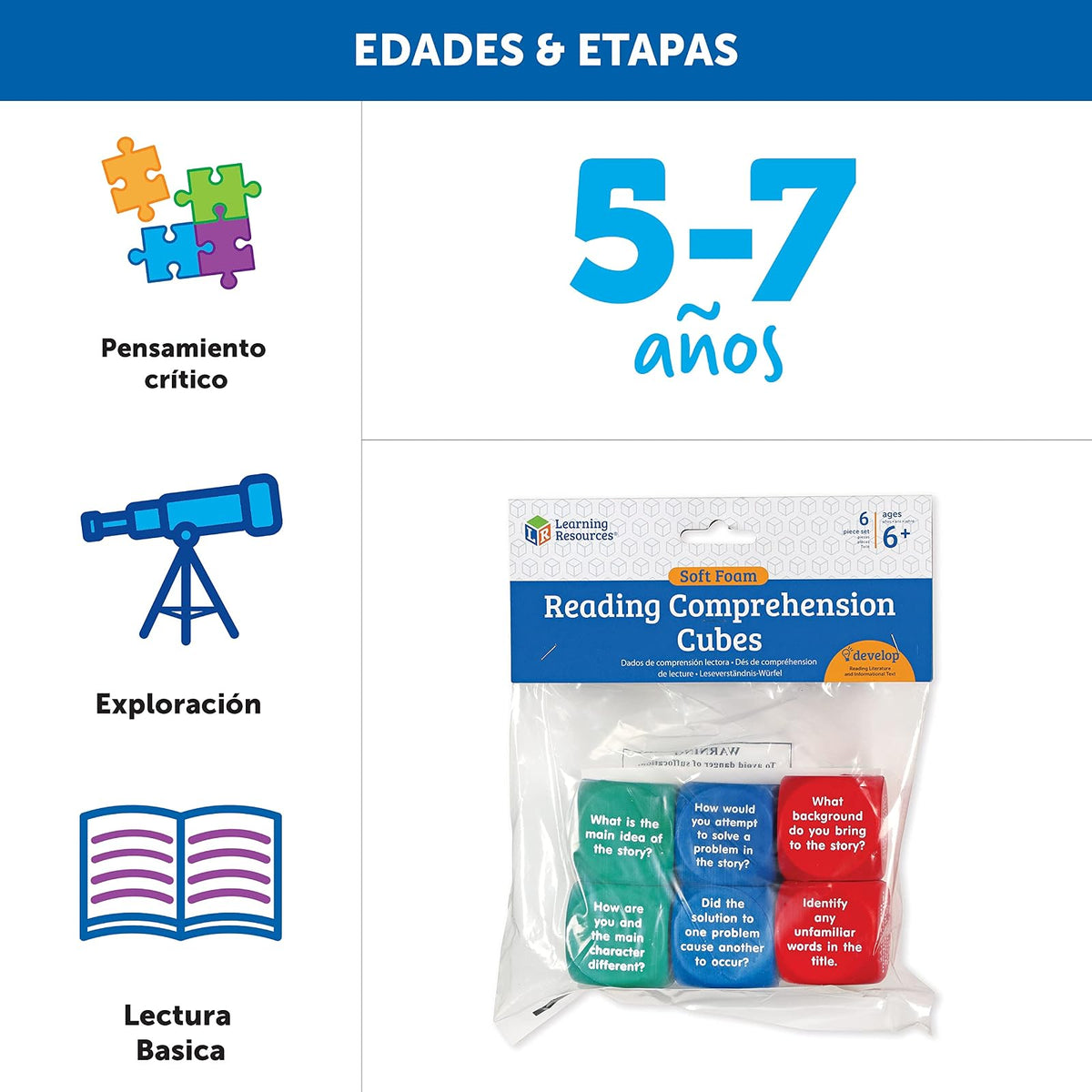 Learning Resources Reading Comprehension Cubes - 6 Piezas, Edades 6+ años Ingles para Niños, Material Didactico para Niños en Ingles