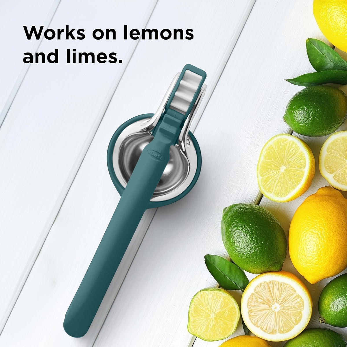 Chef'n FreshForce Exprimidor de limón de cítricos, prensa manual de mano con mecanismo de doble engranaje para una extracción máxima de jugo, verde Collard