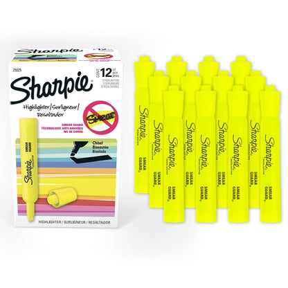 SHARPIE Resaltadores estilo tanque, punta de cincel, amarillo fluorescente, caja de 12 unidades