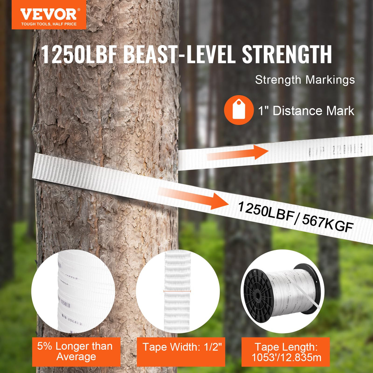 VEVOR Cinta de tracción de poliéster 1/2" x 1053', Cuerda Plana Tipo Mule, 1250 lbf, Cinta de tracción de Cable Impresa para Embalaje, instalaciones eléctricas comerciales y conductos, Blanca