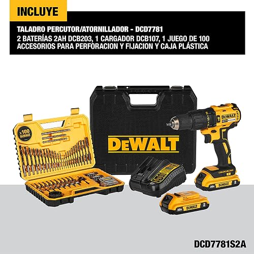 DEWALT Taladro Rotomartillo 1/2" 20V, 2 Baterías y Caja, DCD7781S2A | Taladro Rotomartillo 1/2" (13mm), 20V Máx, Incluye 2 Baterías, Cargador, Caja de Herramientas