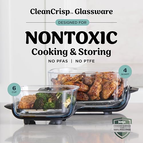 Ninja Crispi - Freidora de aire portátil de vidrio 4 en 1, 1500 W, 4 cuartos y 6 tazas TempWare recipientes de vidrio con tapas de almacenamiento, aptos para microondas, congelador y lavaplatos, gris