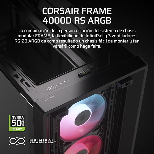 Corsair Frame 4000D RS ARGB Caja Modular ATX Mid–Tower para PC – Alto Flujo de Aire, 3 Ventiladores RS ARGB preinstalados, ASUS BTF, MSI Project Zero, Gigabyte Project Stealth – Negro