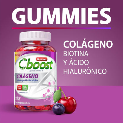 Cboost - Gomitas Colágeno, Biotina y Ácido Hialurónico, Cereza, 90 Piezas | Acaí, colores y sabores naturales, para toda la familia, 2g c/u, Grisi Farma