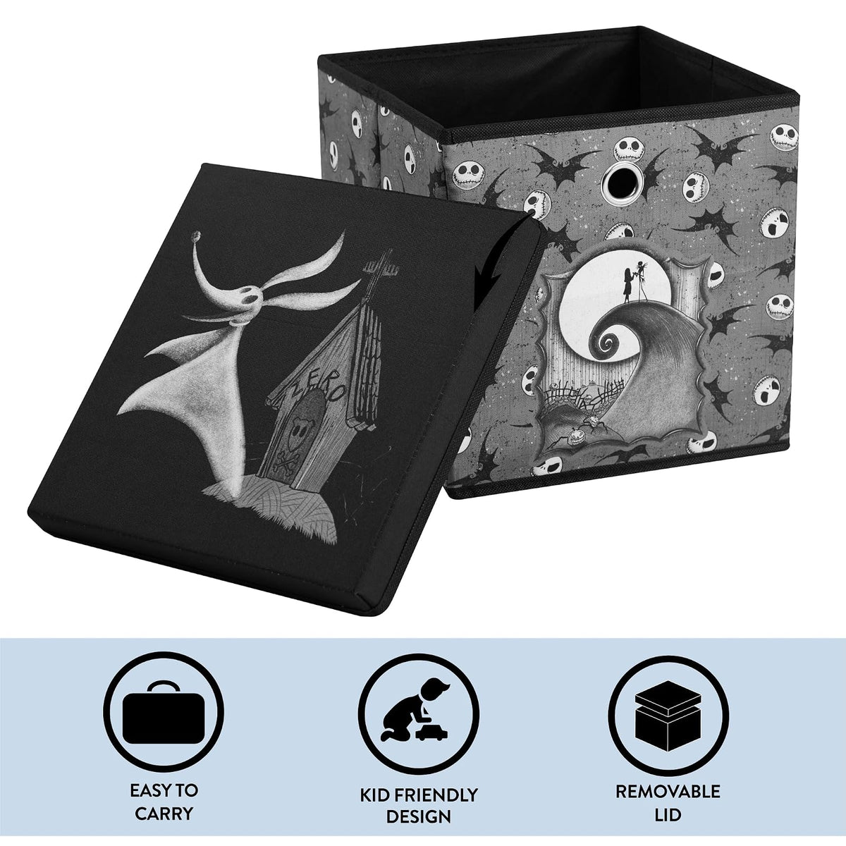 Idea Nuova The Nightmare Before Christmas cubeta de almacenamiento plegable con tapa extraíble, 10 x 10 x 10 pulgadas Organizador de tela para artículos esenciales