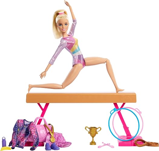 Barbie, Profesiones, Set de Juego Gimnasta, Muñeca con Cabello Rubio, para Niñas de 3 Años en Adelante, Mattel, Gimnasia, Viga de Equilibrio y más de 10 Piezas temáticas