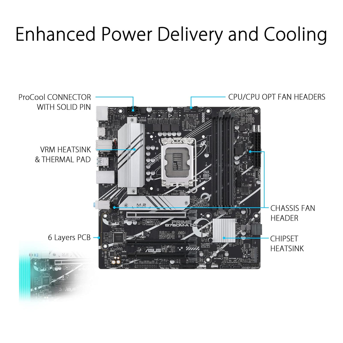 ASUS Tarjeta Madre Intel B760 Prime B760M-A D4, Intel 13° y 12° Gen, LGA 1700, mATX, DDR4, 2X M.2, DisplayPort, Dual HDMI, SATA 6 Gbps y Aura Sync