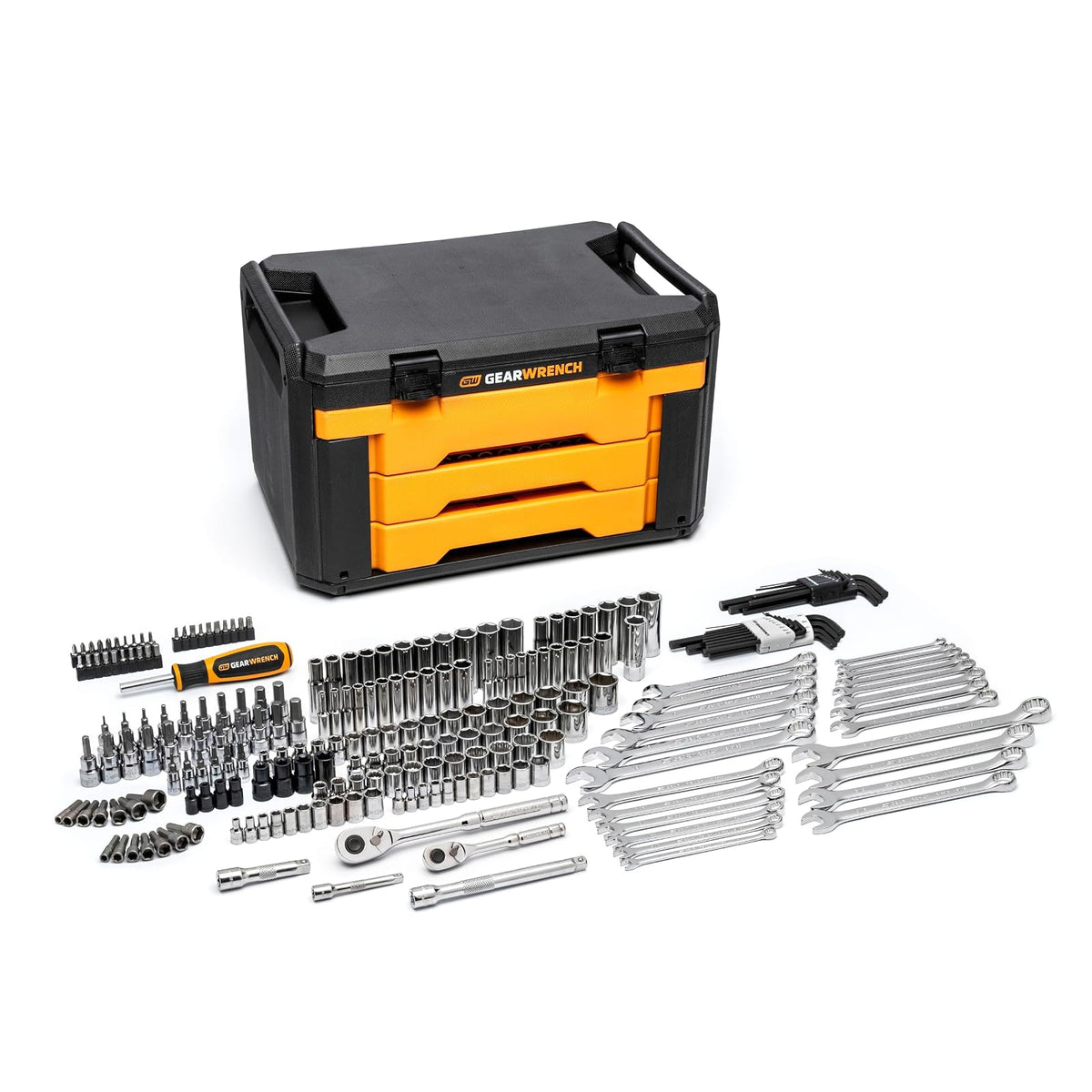 GEARWRENCH Juego de herramientas para mecánica en caja de almacenamiento con 3 cajones, 232 piezas, guías de 0.6 cm y 1 cm, métrico/SAE | GW72LLCBMTS