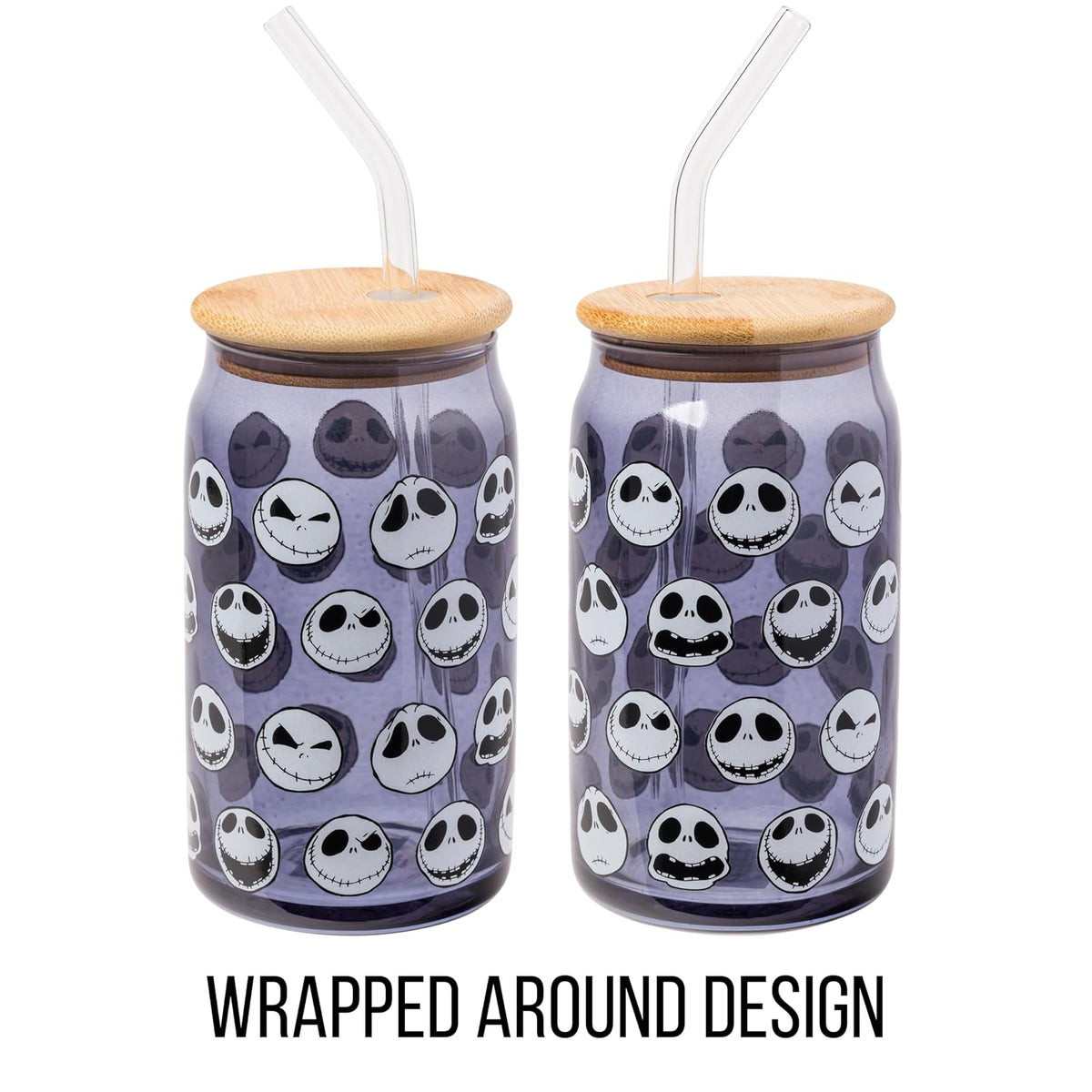 Silver Buffalo Disney Tim Burton Nightmare Before Christmas Jack Skellington Expressions - Vaso de vidrio gris con tapa de bambú y popote de vidrio, 16 onzas