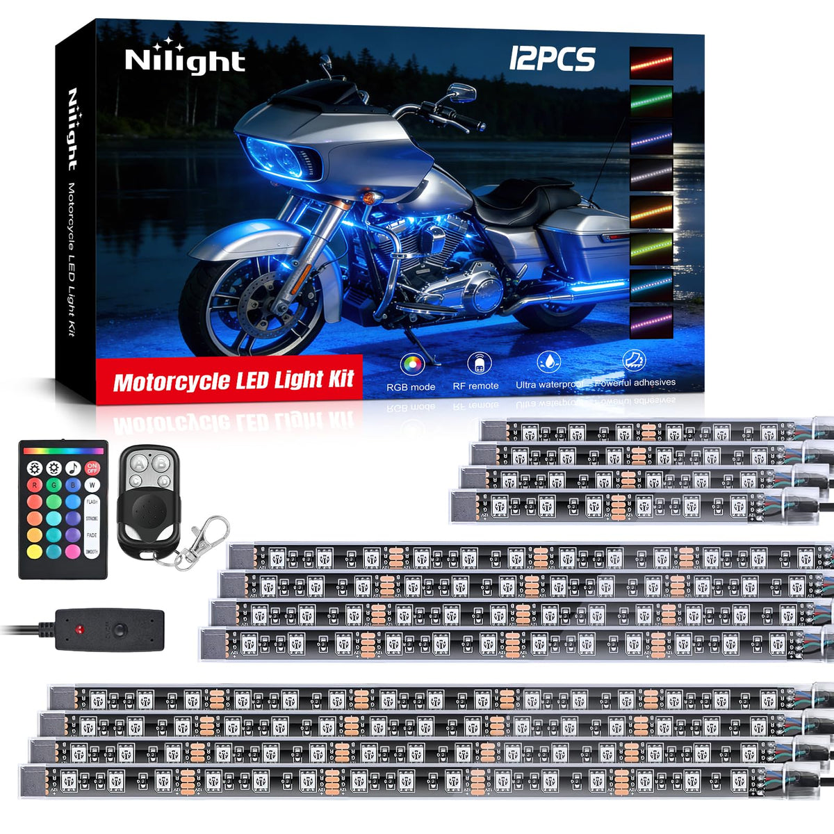 Nilight TL-35 - Luces LED RGB para Motocicleta, Impermeable, Multicolor, con Mandos a Distancia Inalámbricos RF Duales, 2 Años Garantía