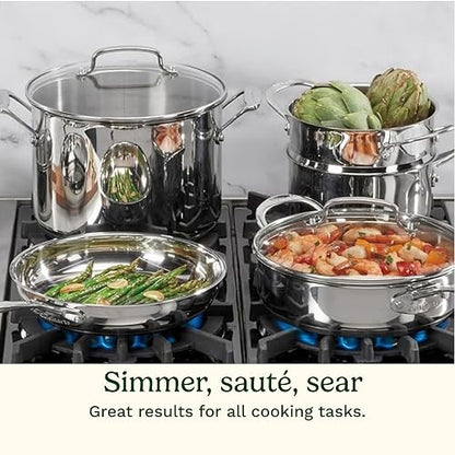 Cuisinart Batería de Cocina 11 Piezas Acero Inoxidable Chef's Classic | Acero inoxidbale con Aluminio encapsulado para calor uniforme, Mangos frescos, Compatible con inducción, Tapas de vidrio